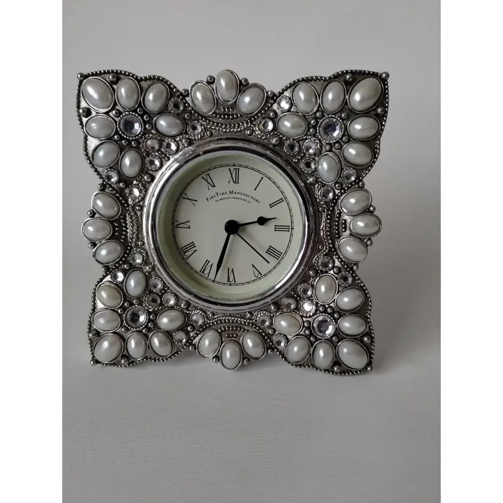 FirsTime Manufactory Tabletop Metal Ornate Jeweled Battery Operated Clock 6x6